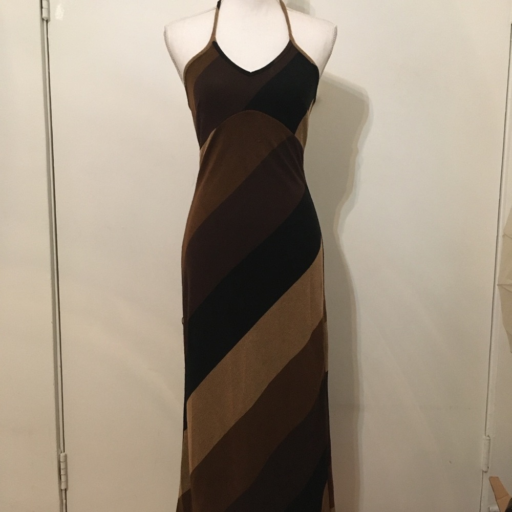 Brown Multi-Stripe Knit Halter Maxi Dress